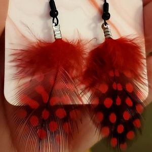 Scarlet red & black feather drop handmade earrings. $Firm.